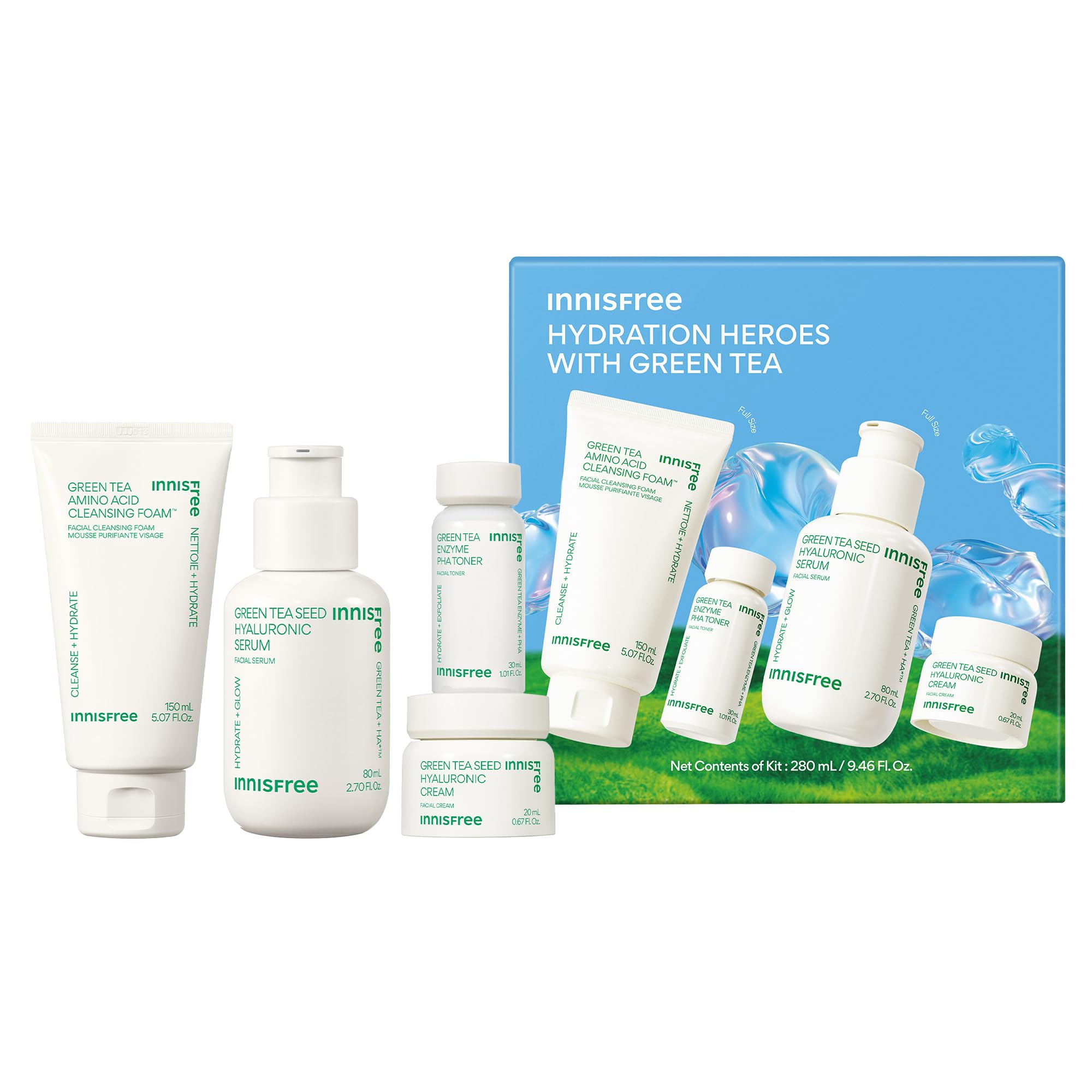 innisfree Hydration Heroes with Green Tea Routine Kit with Korean Skincare Serum Cleanser Toner and Cream (Packaging May Vary)